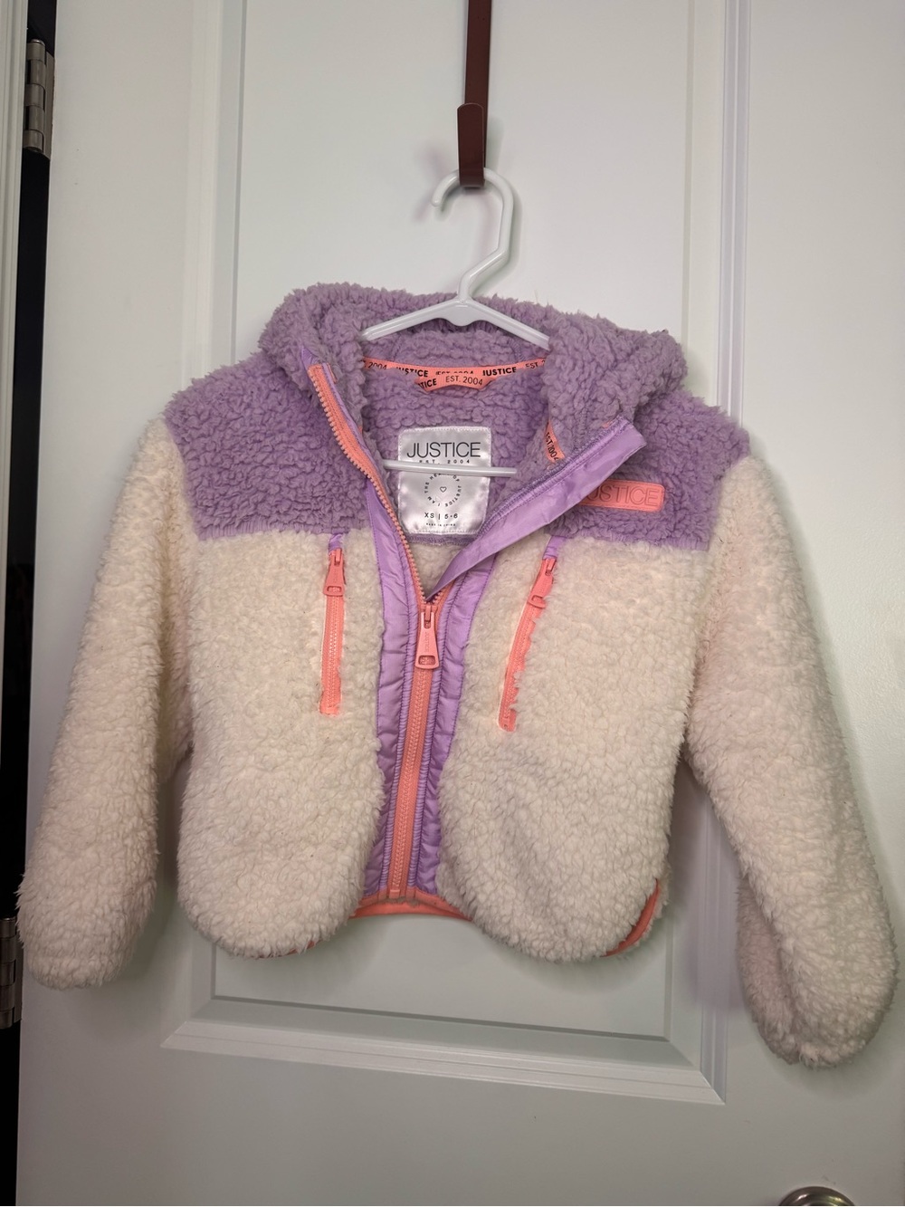 Justice Lavender & Cream Sherpa Puffer Jacket with Coral Accents